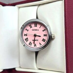 Gomia Pink Dial Ring Watch Roman Numerals Silver Stretch Band New Battery Ladies